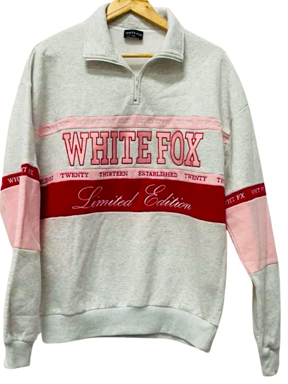 WHITE FOX: Light Gray & Pink Limited Edition Quarter-Zip Sweater
Size: L/XL